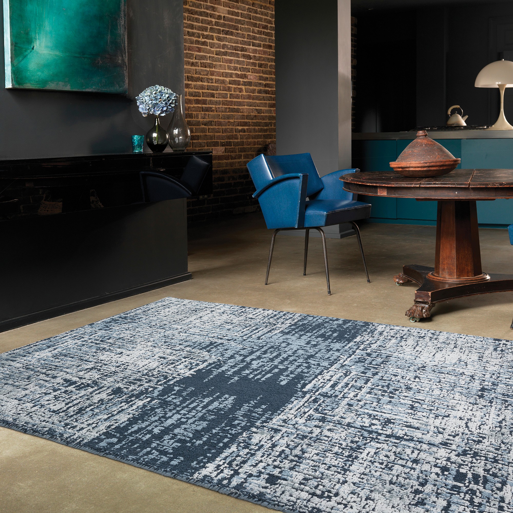 Torino Abstract Distressed Textured Wool Rugs In Petrol Blue